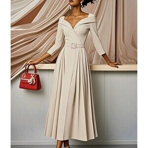 FEHAUTE Off White Off Shoulder A-Line Maxi Dress Pleated Formal Wedding 6